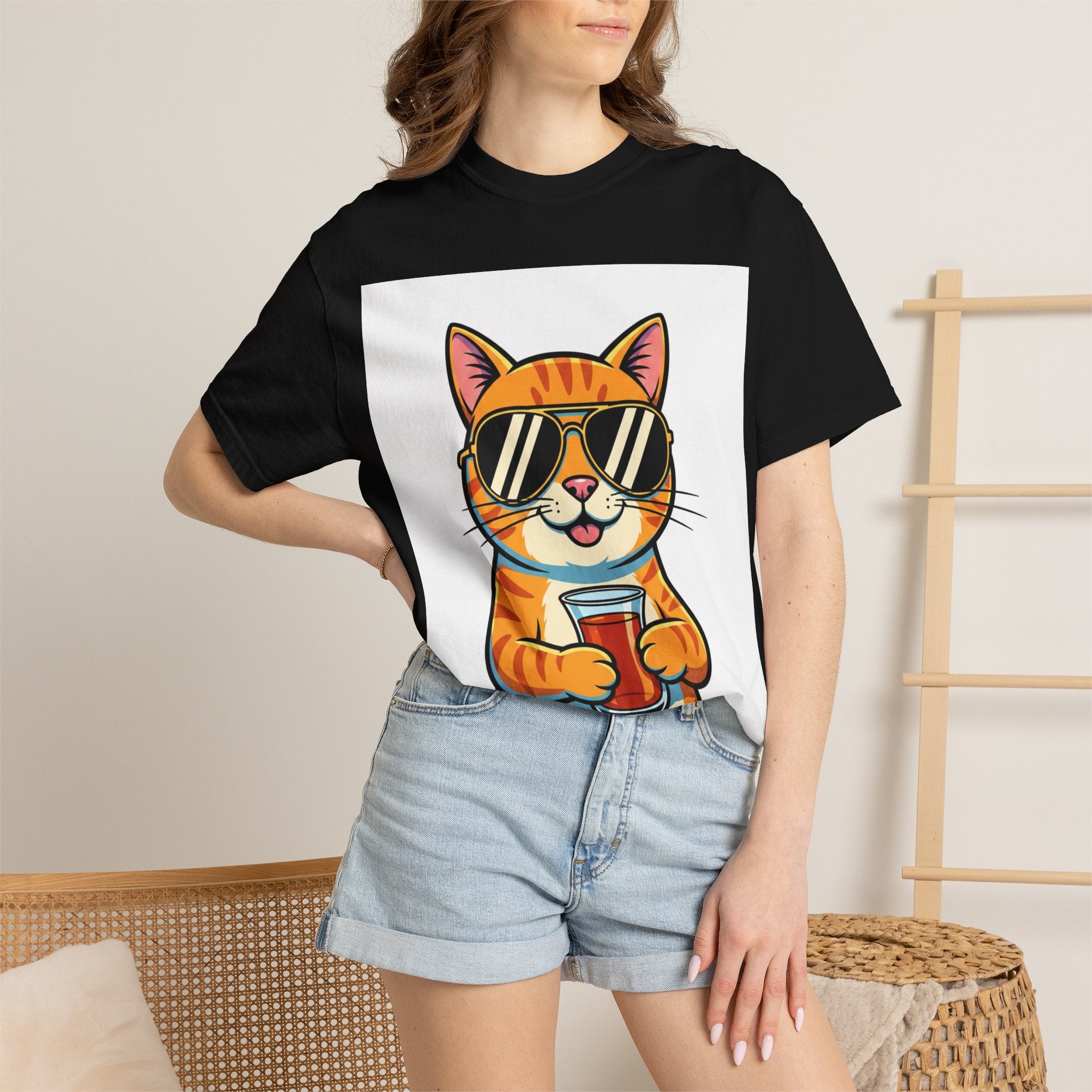 Cool Cat with Drink Graphic T-Shirt
