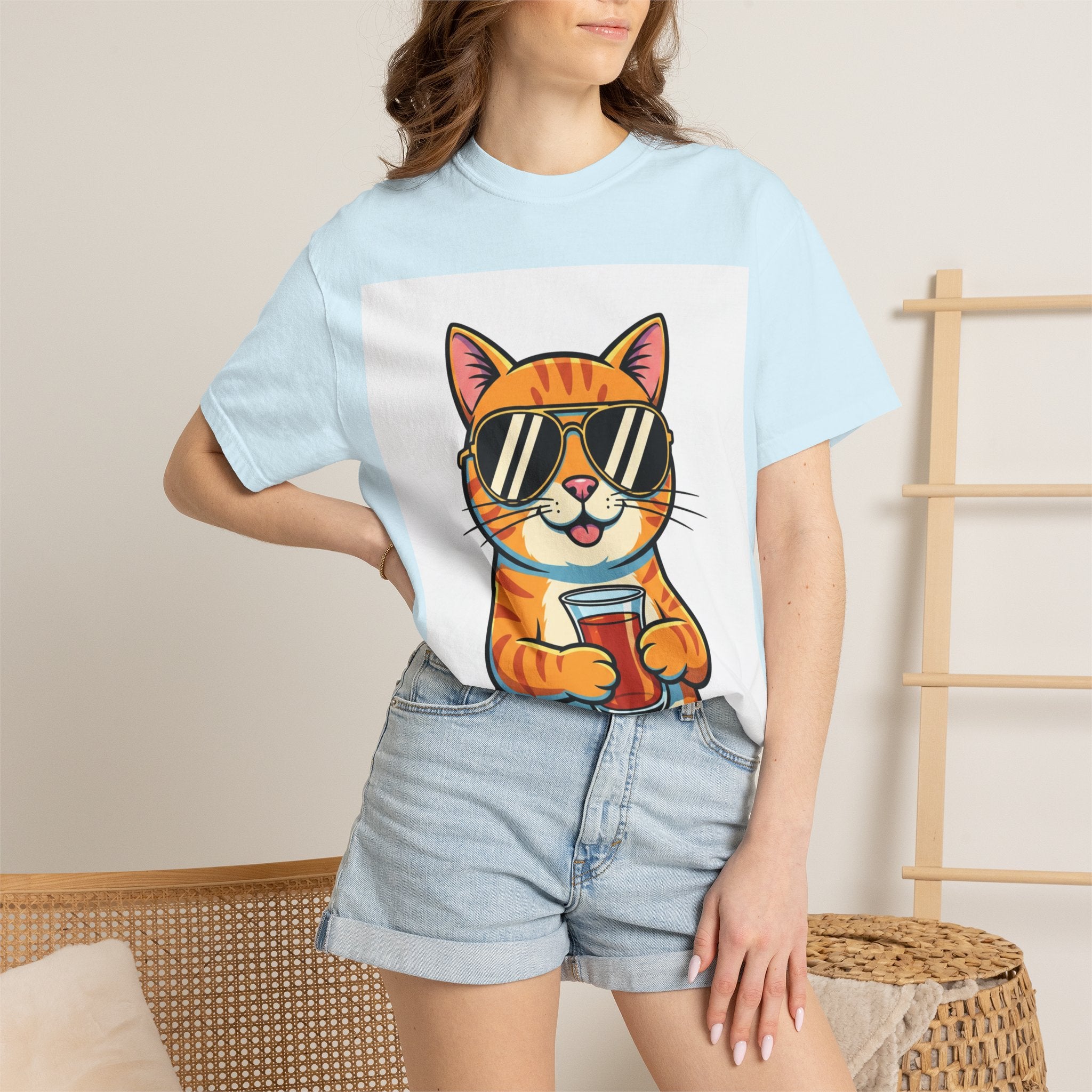 Cool Cat with Drink Graphic T-Shirt