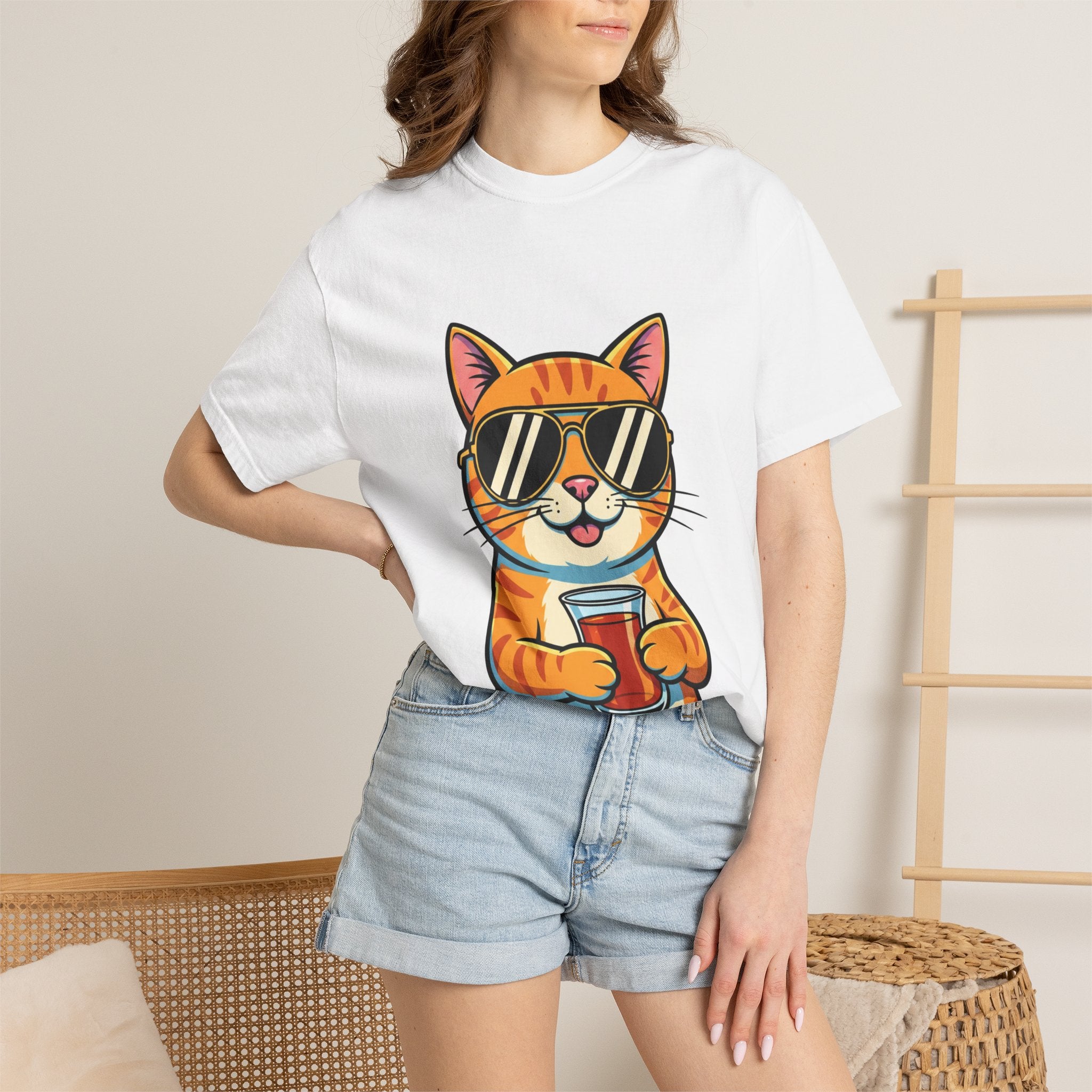 Cool Cat with Drink Graphic T-Shirt