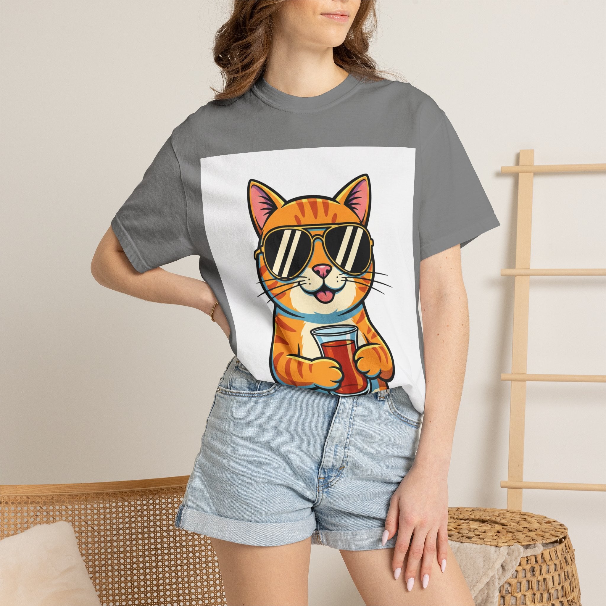 Cool Cat with Drink Graphic T-Shirt