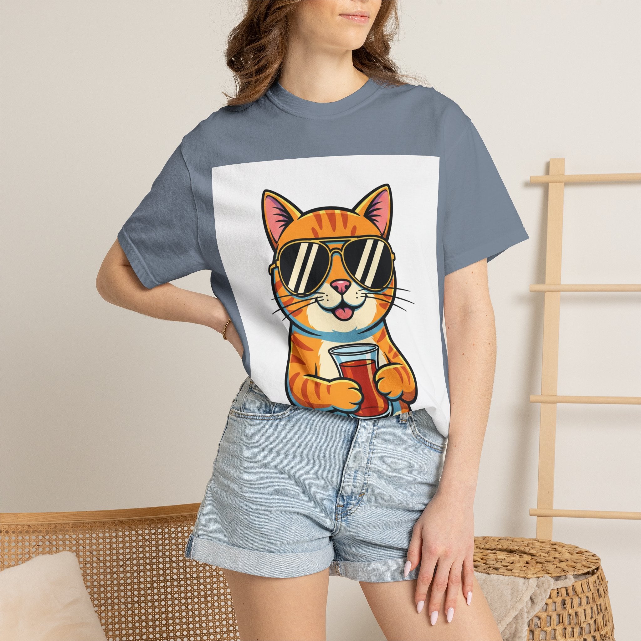 Cool Cat with Drink Graphic T-Shirt